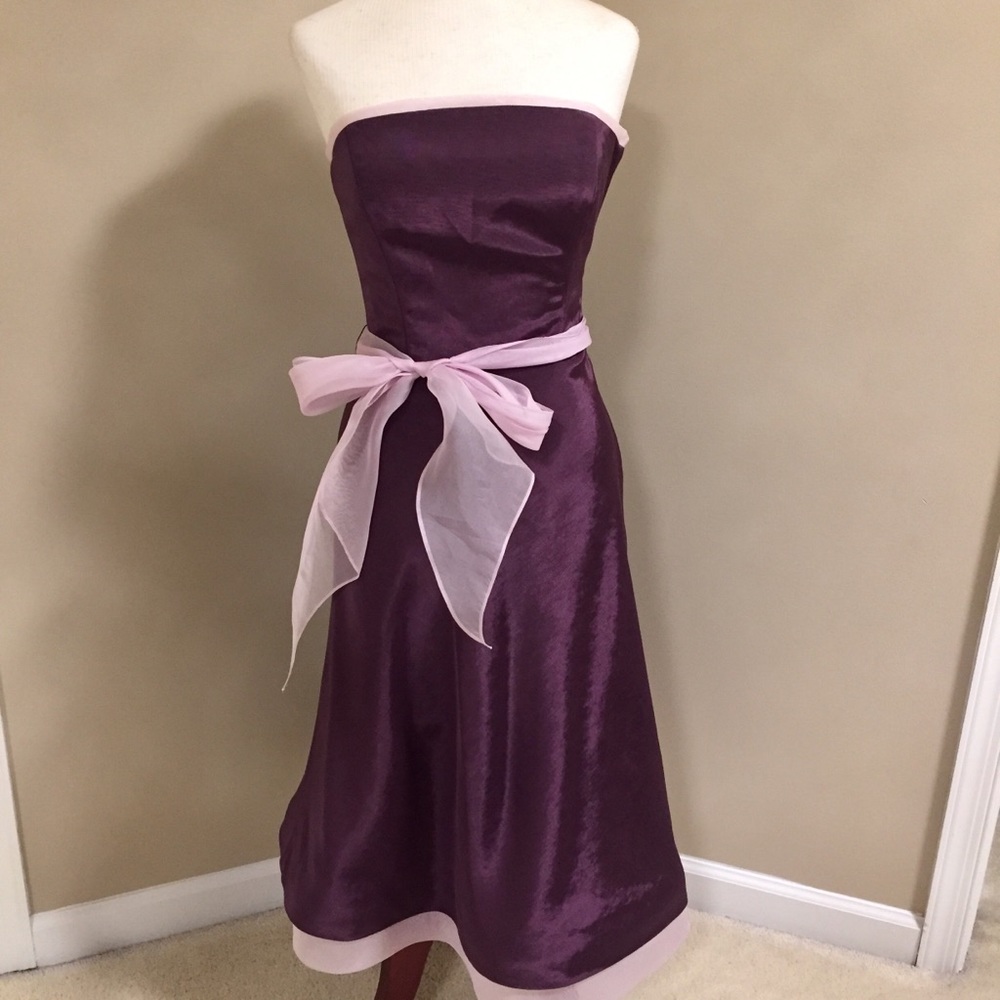 Purple Strapless Calf Length Formal Prom Homecoming Wedding Guest Dress